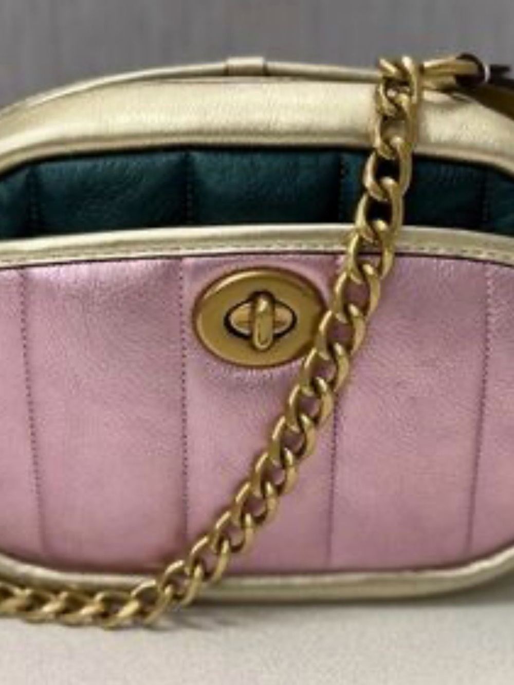Coach Small pink and green color block quilted camera bag